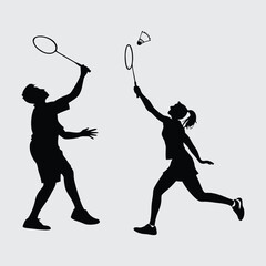 a-couple-paying-a-badminton  image silhouette vector art and illustration