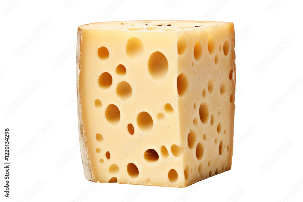Poster close-up of a cheese block with irregular holes, highlighting its creamy color and uneven structure.