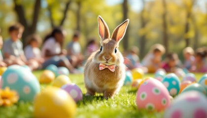 A charming bunny with a bowtie at an Easter egg hunt with children nearby