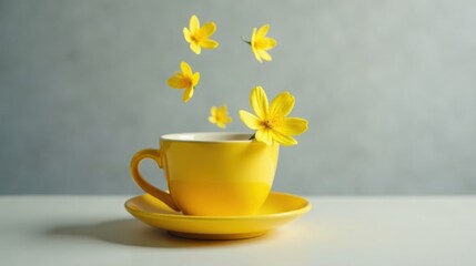 A cheerful yellow teacup and saucer with delicate yellow flowers gracefully falling into the cup, creating a serene and vibrant scene of simple beauty and tranquility
