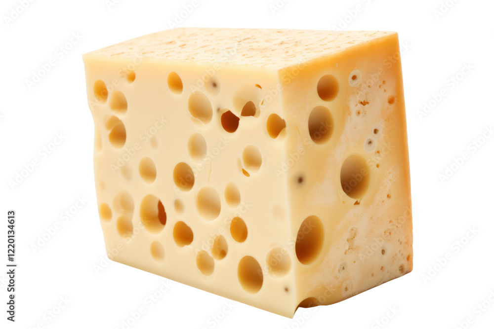 Poster close-up of a cheese block with irregular holes, highlighting its creamy color and uneven structure.