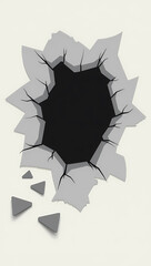 hole ripped through a surface with scattered triangular fragments.