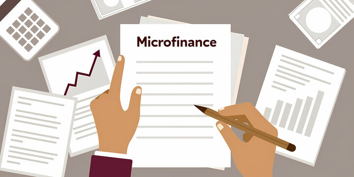 hands reviewing microfinance document with financial charts and graphs