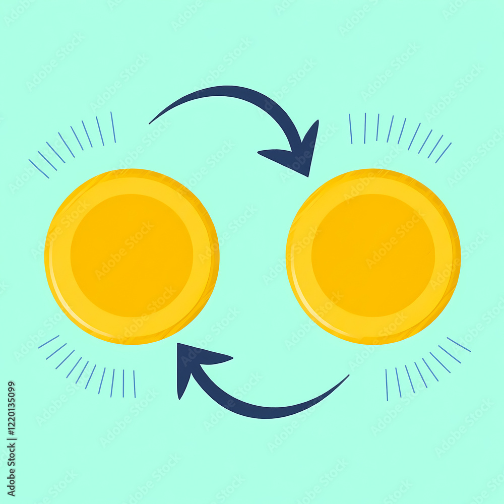 Poster two yellow coins exchanging via circular arrows on a teal backdrop