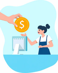 hand giving a gold dollar coin to a cashier at a computer