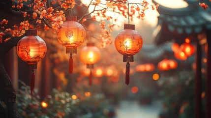 Illuminated Chinese Lanterns Hanging on Blossom Tree Branches at Dusk