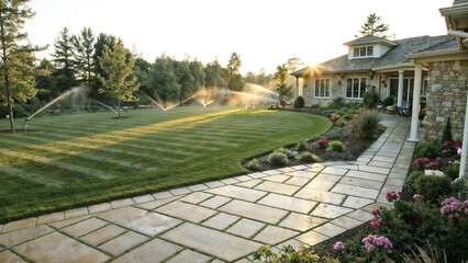 Obraz premium Beautifully landscaped lawn with sprinklers in action at sunset, showcasing professional lawn care services