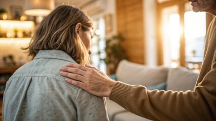Person offering emotional support with a comforting touch on a friend's shoulder in a cozy home environment
