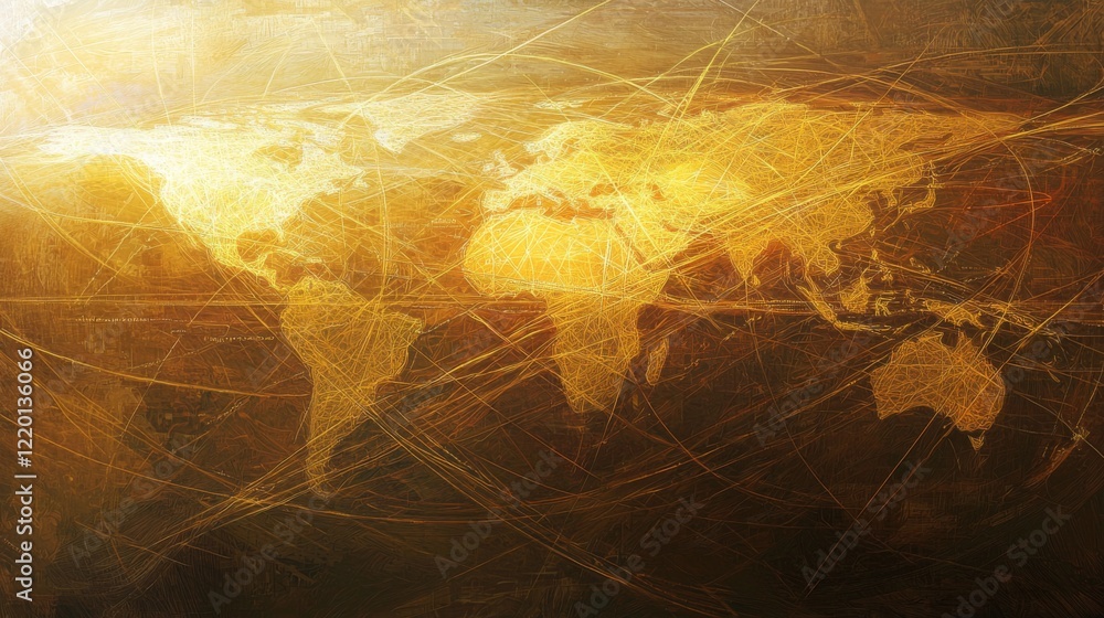 Aufkleber abstract world map with golden hues and intricate line patterns representing global connections and 