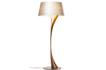 Modern floor lamp with a sleek metallic base and a soft fabric lampshade, casting a warm glow in a cozy living room setting.