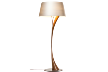 Modern floor lamp with a sleek metallic base and a soft fabric lampshade, casting a warm glow in a cozy living room setting.