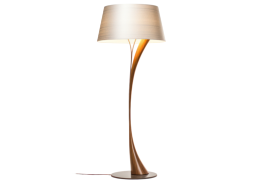 Modern floor lamp with a sleek metallic base and a soft fabric lampshade, casting a warm glow in a cozy living room setting.
