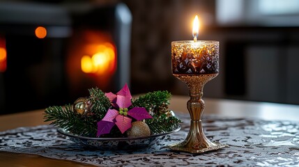 Orthodox christmas candle closeup festive home decor tabletop setting warm atmosphere intimate view holiday spirit