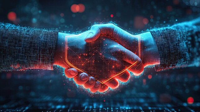 A handshake enclosed within a digital shield, indicating secure partnership, trust, and the importance of safeguarding business relationships in a digital world where security is paramount.