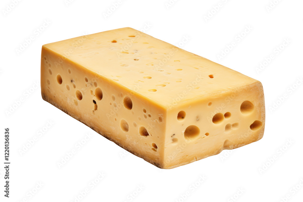 Poster rectangular cheese block featuring a variety of hole sizes, with a natural and slightly crumbly text