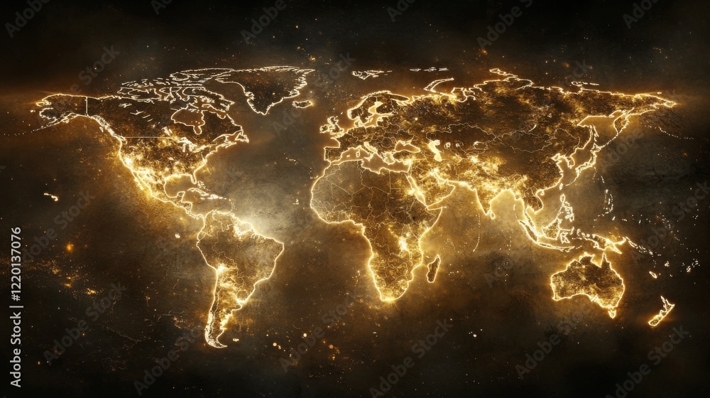 Poster brightly lit global map illustration with sparkling lights on dark background representing connectiv