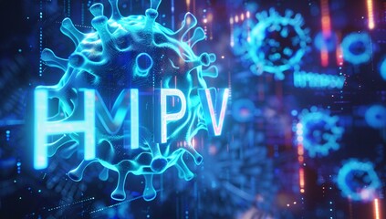 Abstract 3D rendering of a virus with the letters HMPV, representing Human Metapneumovirus. Glowing blue hues on a dark background. Medical science concept.