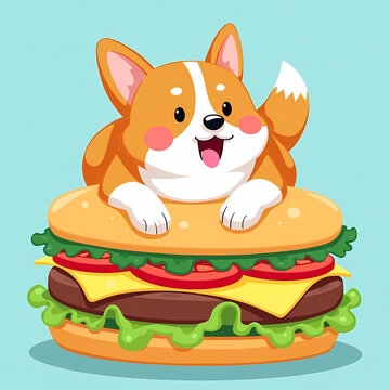 happy corgi dog on giant burger clip art preview