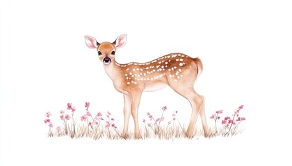 A charming fawn stands gracefully among delicate pink flowers in a serene, natural setting