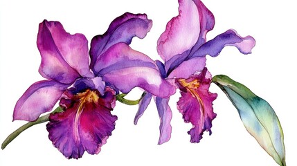 A purple Cattleya orchid flower, watercolor clipart PNG isolated on a white background. 