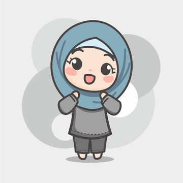 Vector Cute Mosleem girl with happy expression, Light Blue Hijab and grey tees. Can be used for illustrations, status or profile photos on social media.