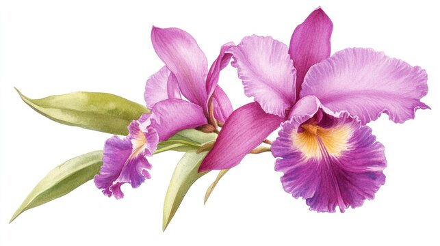 A purple Cattleya orchid flower, watercolor clipart PNG isolated on a white background. 