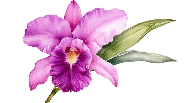 A purple Cattleya orchid flower, watercolor clipart PNG isolated on a white background. 