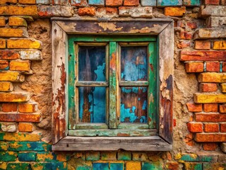 Aged wood window, crumbling wall, cracked paintâ€”a landscape photograph capturing time's passage.