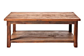 Rustic wooden coffee table with a lower shelf for storage, showcasing a distressed look and sturdy construction.