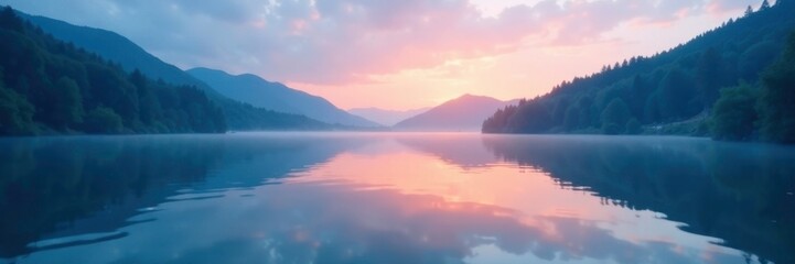 Fototapeta premium Deep blue waters reflected in a serene lake surface at dawn, nature, reflection