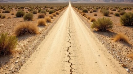 A Long, Straight, Cracked Desert Road Extends to a Distant Horizon, Flanked by Sparse, Low-Lying Vegetation Under a Clear Sky