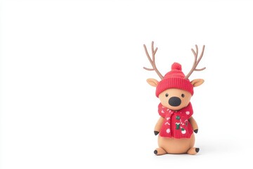 Cute reindeer figurine wearing a red scarf and hat, standing against a minimalist white background