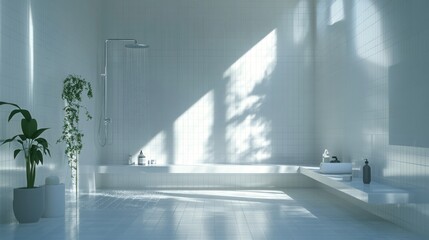 Fototapeta premium Minimalist white bathroom, sunlight, plants, serenity