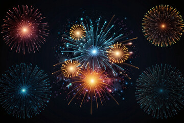 Fototapeta premium festive decorative colorful fireworks explosions isolated on dark background. Holyday decorative elements and Congratulation banner.