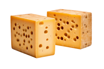 Thick cheese block showing round and oval holes scattered throughout, with a slightly glossy finish on the edges.