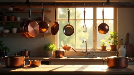 Sunlit kitchen with copper cookware hanging and resting on wooden counter