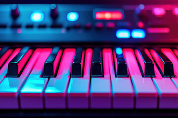 Close up of illuminated piano keys under vibrant lighting