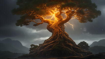 Enchanted Tree Radiating Light Amidst a Stormy Backdrop