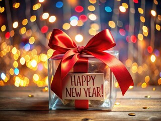 A Happy New Year gift: a glass box, beautifully adorned with a red bow, glows with festive bokeh in sharp focus.