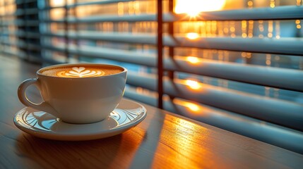 A cozy coffee cup resting on a table, bathed in warm sunlight with soft shadows from the window blinds.  