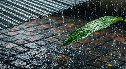 Rainwater dripping from a corrugated metal roof onto a leaf and pavement