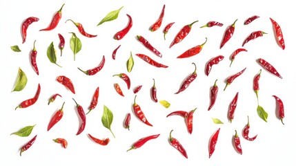 A bunch of red peppers with green leaves scattered across a white background