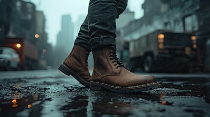 Urban Exploration: Brown Leather Boots on a Rainy City Street