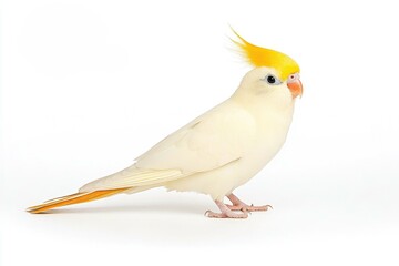 Fototapeta premium A vibrant yellow-crested cockatiel standing gracefully on a white background, showcasing its unique plumage