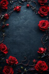 Dark moody background with red roses and thorny vines forming a frame.