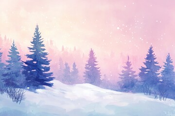 Naklejka premium Snowy pine trees in serene winter landscape with pastel sky