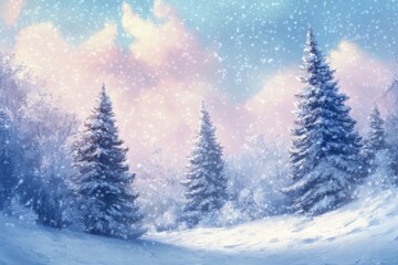 Snowy pine trees in serene winter landscape with pastel sky