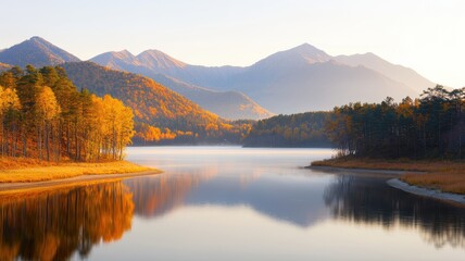 Fototapeta premium Tranquil Golden Hour Reflections on a Calm Lake Amidst Majestic Mountains