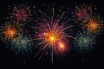 festive decorative colorful fireworks explosions isolated on dark background. Holyday decorative elements and Congratulation banner.