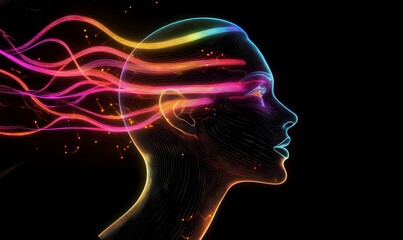Futuristic Side Profile of Human Face with Glowing Neon Network Nodes and Pathways on Dark Background, Concept of Artificial Intelligence, Technology, and Connectivity, Generative AI